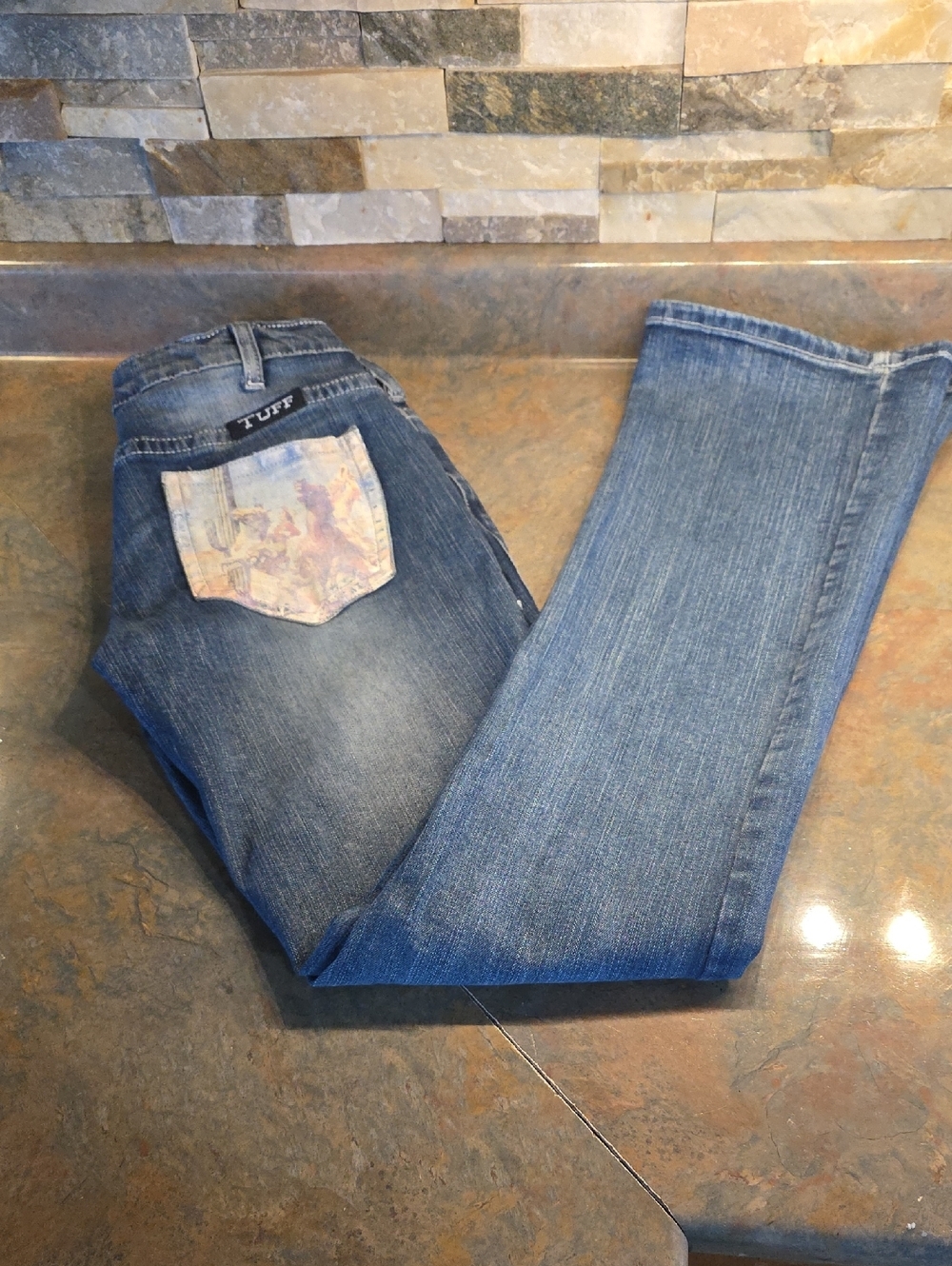 Cowgirl Tuff Medium Blue Boot-Cut Jeans with Printed Back Pocket